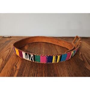 Vintage Handmade Leather Woven Boho Belt Colorful Festival Size 28